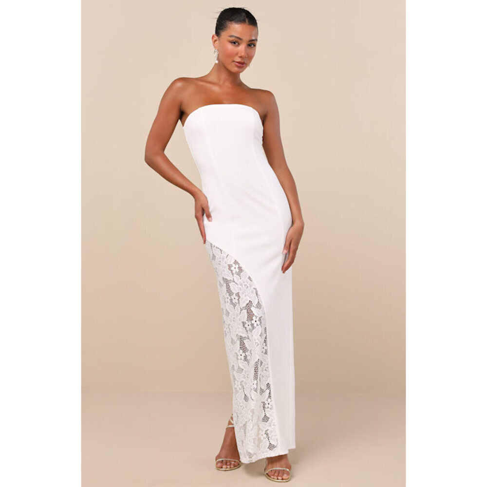 Lulus Irresistible Attitude White Strapless Lace Column Maxi Dress - Size L